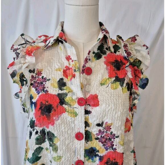 Anthropologie Eva Franco Womens Colorful Floral Ruffle Shirt Dress Large - Picture 2 of 7